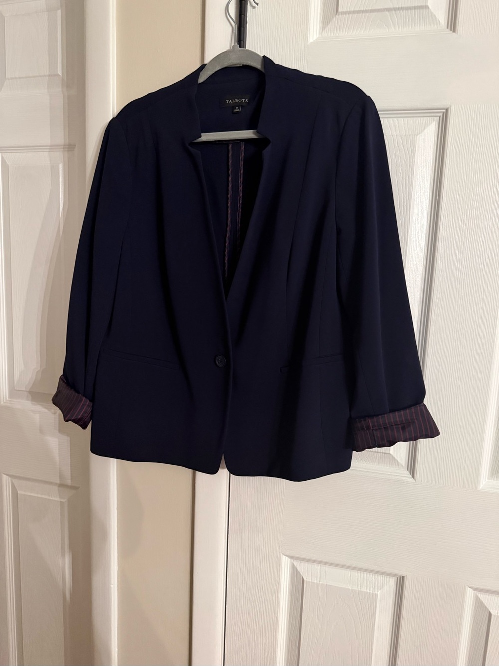 Talbots Dark Navy Single-Button Blazer with Striped Cuff Detail